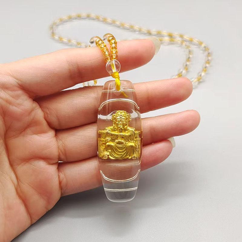Glass Pillar God of Wealth Pendant Citrine Buddha Amulet Sweater Chain