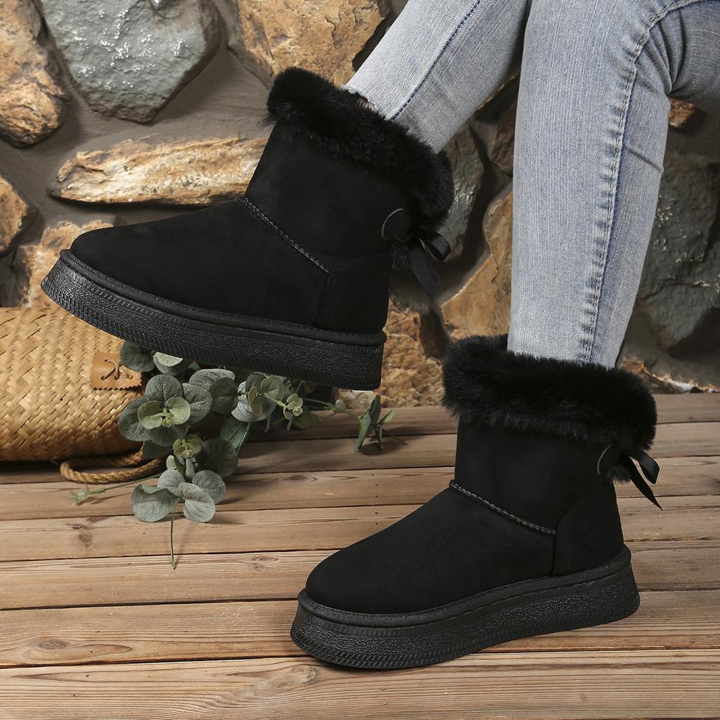 Sweet Bowknot Decoration Suede Snow Boots Women 2025 Soft Thick Bottom Ankle Boots Women Warm Faux Fur Non Slip Winter Shoes