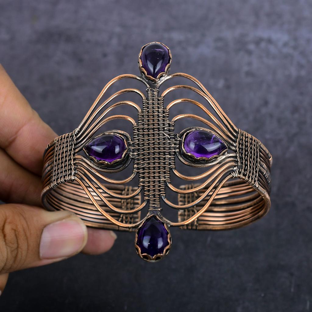 Браслет-манжета из медной проволоки с аметистовым драгоценным камнем, регулируемый, ручной работы A1i25