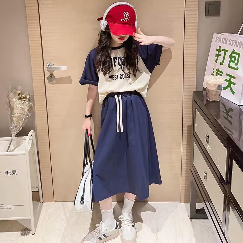 Костюмы для девочек, летние, в стиле вестерн, для больших детей, с короткими рукавами, детские юбки, костюм-двойка