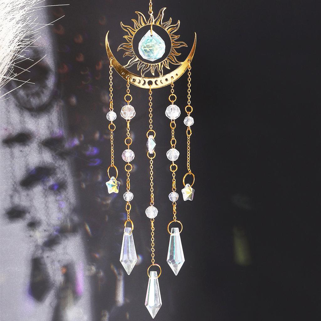 Gold Flame Moon Crystal Window Wind Chime Pendant Sunlight Catcher Outdoor Garden Colourful Hanging Decoration Hanging Ornaments