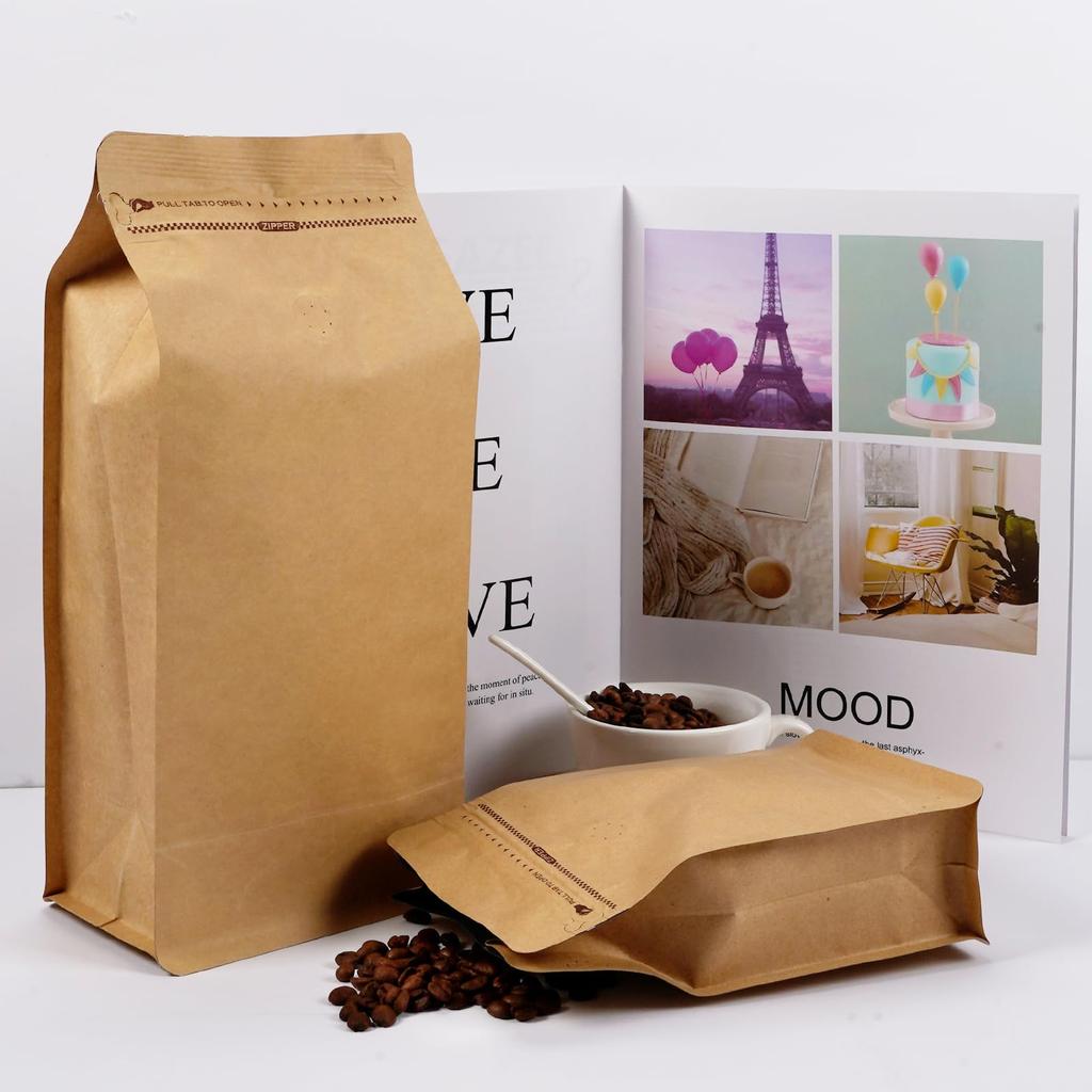 Coffee Bags with Valve 50 PCS 16oz 1lb Kraft Paper High Barrier Aluminum Foil Flat Bottom Standing Pouches Reusable Heat Seal Side Zipper