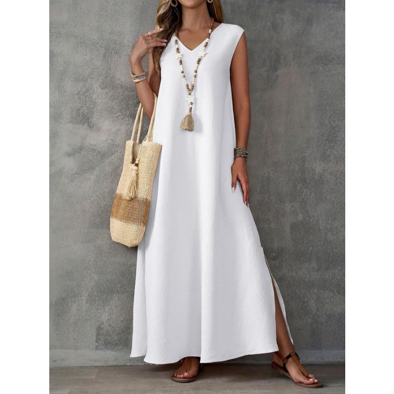 Sleeveless V-neck Side Split Summer Long Dress Elegant Fashion Loose Casual Simple A-line Party Maxi Long Dress Solid Color Woman Clothing