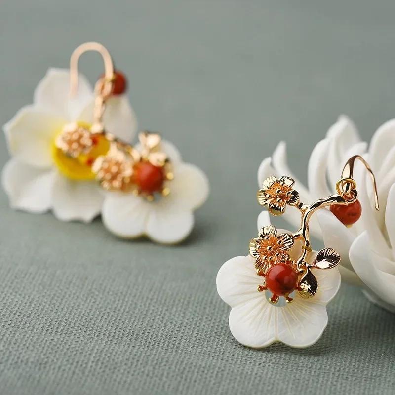 Винтажные серьги с цветами из натурального камня для женщин, девушек, в этническом стиле, золотые серьги, ювелирные аксессуары, подарки на день рождения, серьги