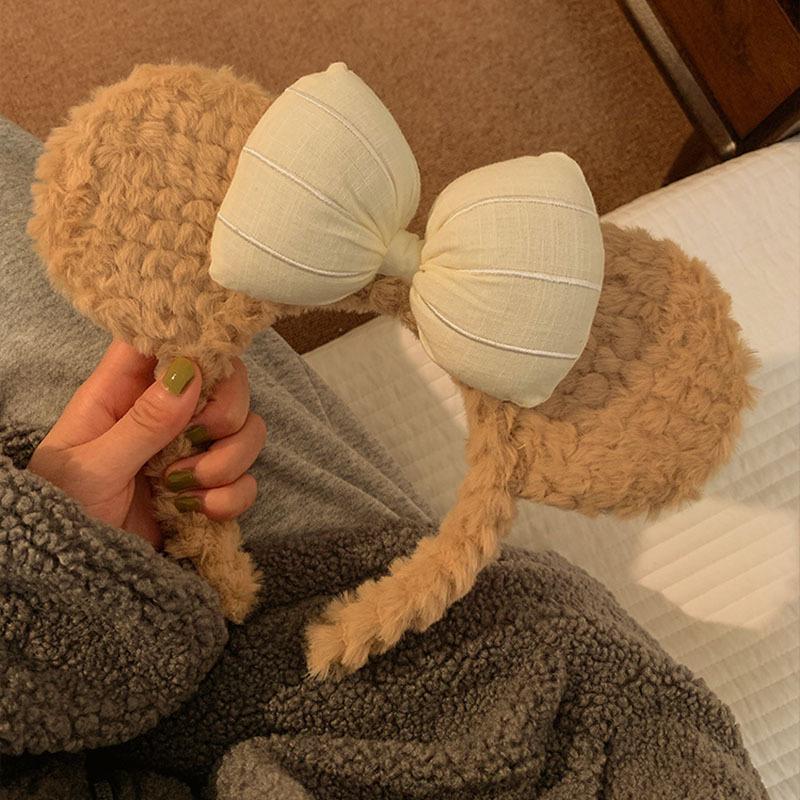 Cute Bow Bear Plush Headband for Women - Korean Style Cartoon Ear Hair Accessory for Autumn and Winter Face Washing