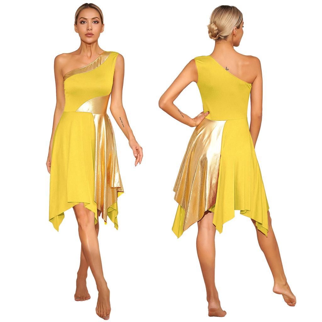 Womens Metallic Worship Praise Dance Dress Color Block One Shoulder Irregular Hem Sleeveless Dresses Dancewear Performance Costume