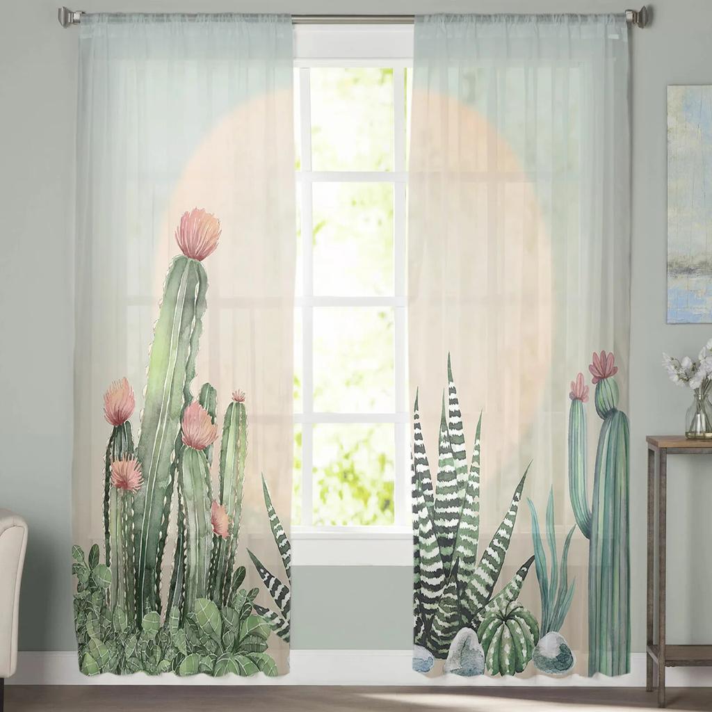 Градиент закат кактус тюлевые шторы гостиная кухня шифоновая занавеска спальня балкон прозрачная занавеска модный домашний декор