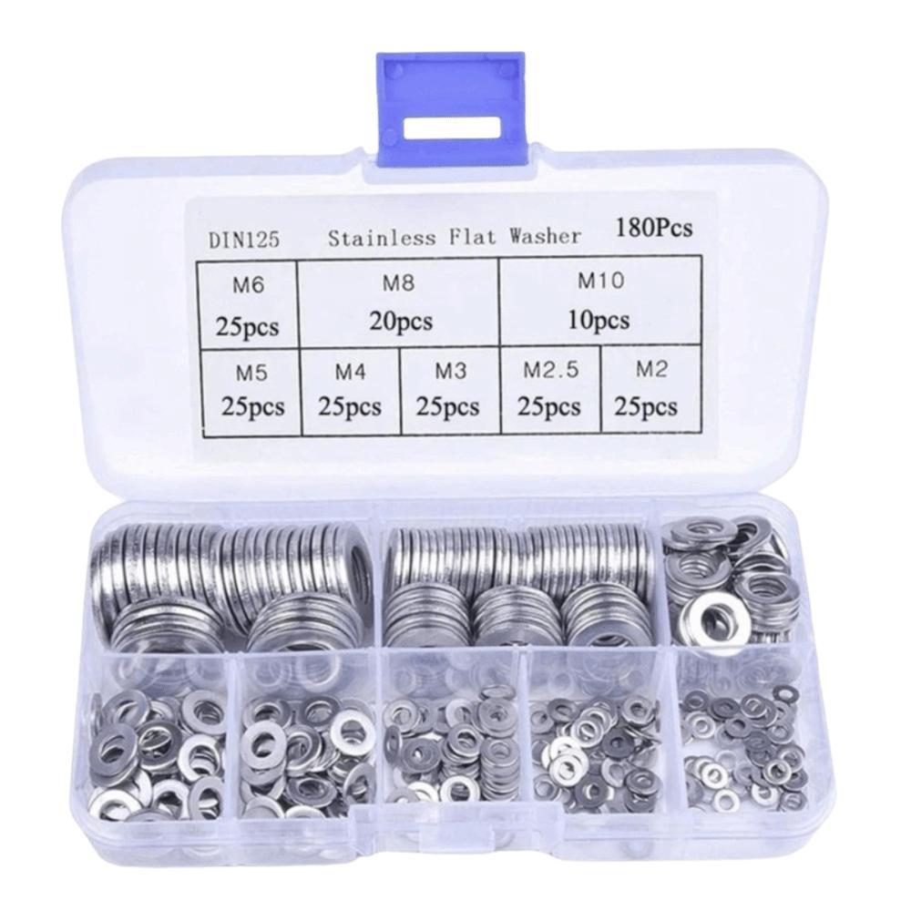 180pcs 304 Stainless Steel Flat Washer Assortment Flat Design Plain Gasket Set Factory Maintenance