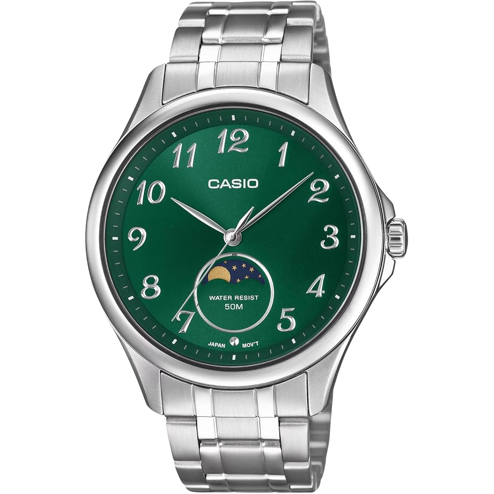 Casio Standard Moon Phase Analog Men's Watch MTP-M110D-3AV Round Face Metal Band Green