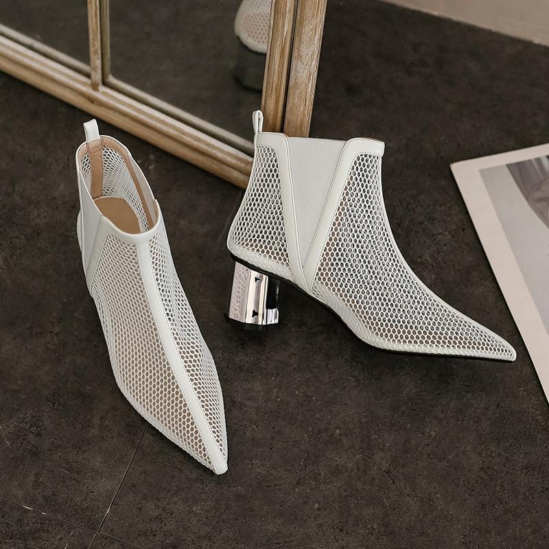 Модные женские летние ботильоны сетчатые с вырезами полые с острым носком ботильоны женские сандалии на толстом высоком каблуке модные женские крутые ботинки