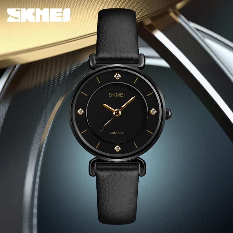 Skmei простые модные женские часы с бриллиантами, креативные женские часы для пары студентов, кожаный ремешок, женские кварцевые часы