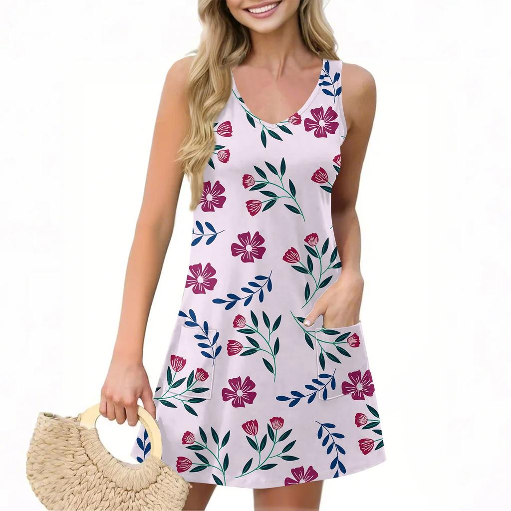 Женское повседневное летнее платье-жилет с карманами, цветочным принтом, V-образным вырезом, без рукавов