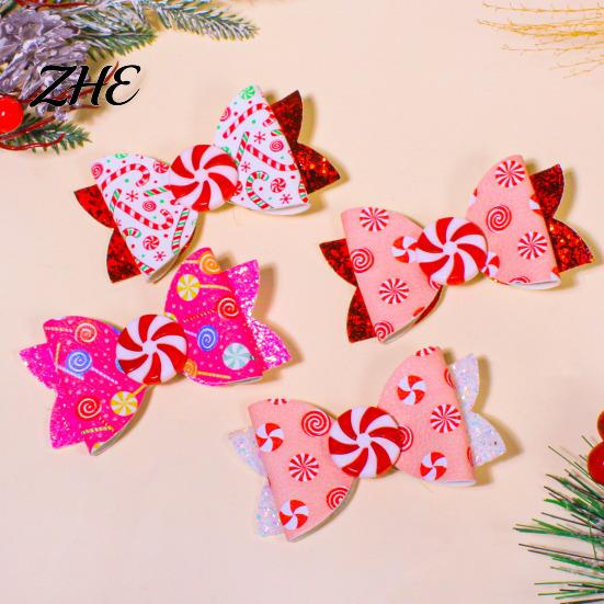 Christmas Bow Hair Clips Candies Clip for Women Girls, Sweet Glitter Hairpins, Artificial Leather Fashionable Bows Girls Clip, Cute Pink Accessories