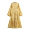 Kaslead New Women clothes Western Style Single Breasted Chiffon Small Floral Stand Collar Long sleeve dress