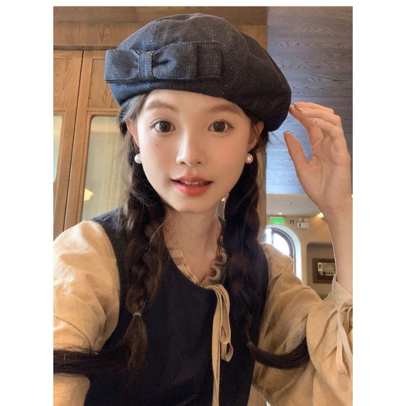 Women S Denim Beret With Double Bowknot Large Head Size Painter Hat