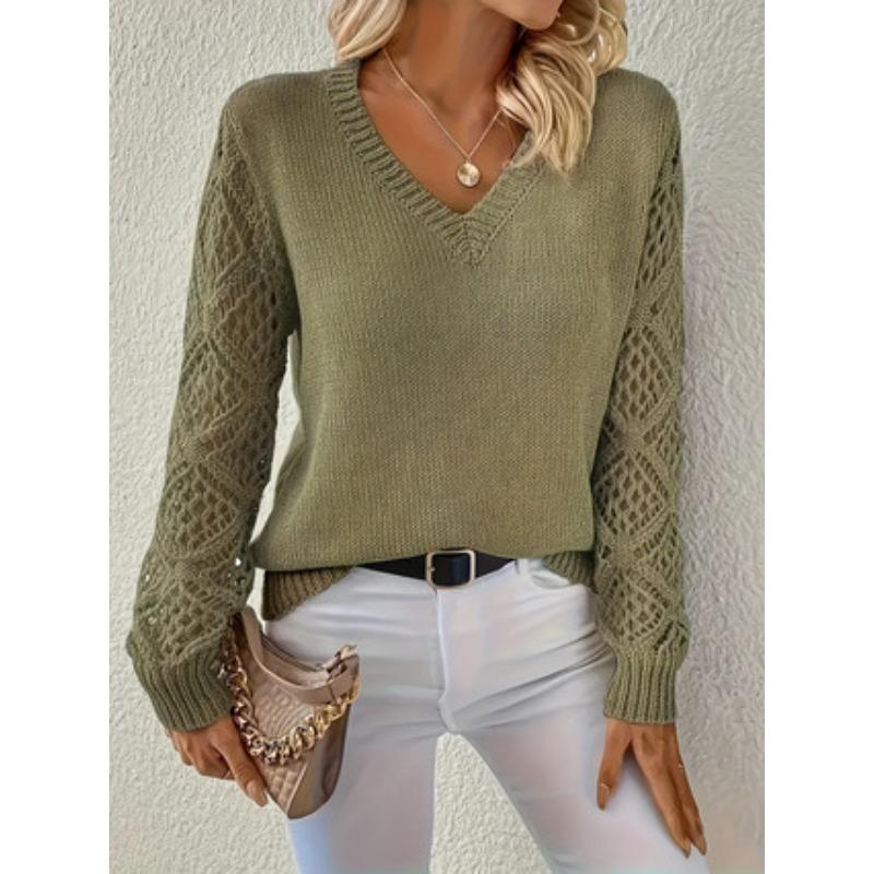 Fashion Long Sleeved V-neck Hollow Out Pullover Sweater Women Lace Loose Casual Top Solid Color Knitted Ladies Sweaters Autumn Winter Office Clothing