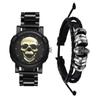 Skeleton Watch Bracelet Set of Rock Punk Leather Strap Stainless Steel Watch Waterproof Analog Quartz Skull Gothic Accessory Birthday Christmas Day