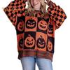 Halloween Spooky Sweater Plaid Pumpkin Ghost Pattern Knitting Tops Oversized Crew Neck Long Sleeve Pullover Tops Knitwear