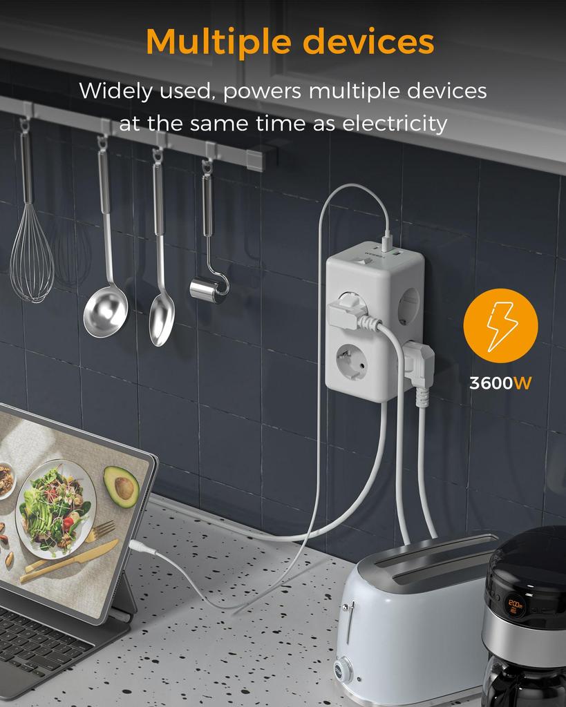 Tessan Стандартный заземленный удлинитель, вилки европейского стандарта, розетки, порты USB типа C, защита от перегрузки с удлинителем для домашнего офиса