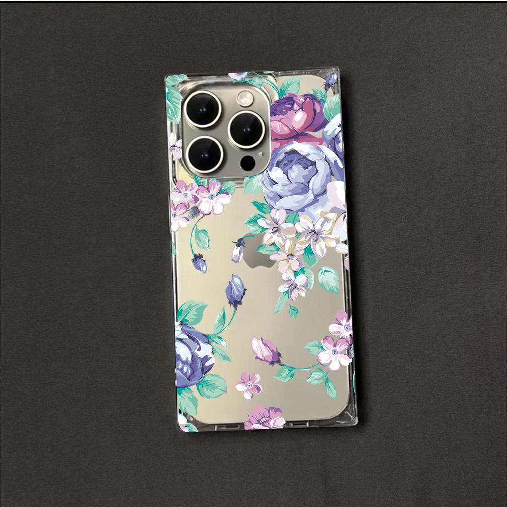Прозрачный квадратный чехол-накладка для iPhone 14 Pro Max 16 ProMax 12 11 13 15 Plus, защита от окисления, чехол с узором 'Пурпурная роза'
