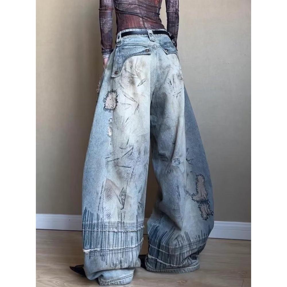 Women's Plus Size Retro Knife-Design Wide-Leg Jeans: Washed, Stained, Curved, Draping Long Pants
