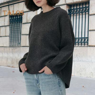 Женский свитер с круглым вырезом, длинным рукавом, однотонный, свободный крой, трикотажные топы с ребристой отделкой, повседневные пуловеры