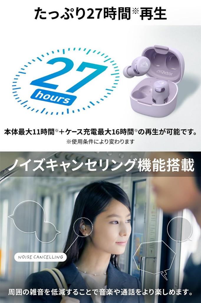 Беспроводные наушники JVC Kenwood Victor с функцией шумоподавления Bluetooth, совместимые с приложением, общее время воспроизведения 27 часов, в комплект входит микрофон, небольшой, легкий, внешний