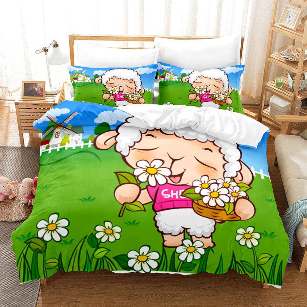Мультяшный комплект пододеяльника с овечками, милые белые овечки, цветочный узор, размер кинг, квин, полный, для детей, мальчиков, девочек, подарок, полиэстеровый комплект постельного белья