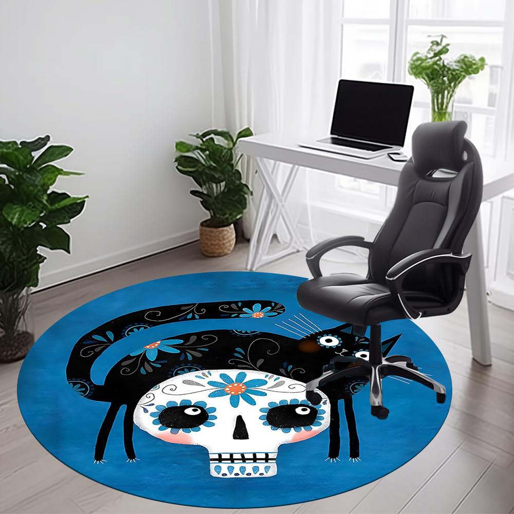 1PCSugar Skull Cat Office Round Area Rug, Mat Suitable For Office, Under Office Chairs Bedroom Living Room Home Decor, Room Deco