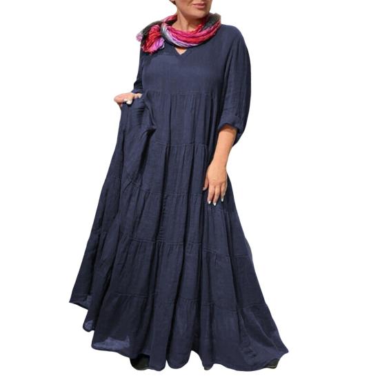 Женское платье макси с V-образным вырезом, длинными рукавами, однотонное длинное платье с оборками, плиссированным подолом, летнее платье для отдыха