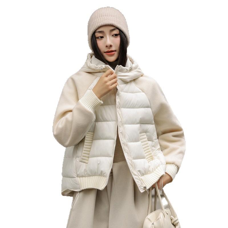 Short fashion hooded down padded jacket winter new small loose splicing sleeve padded jacket