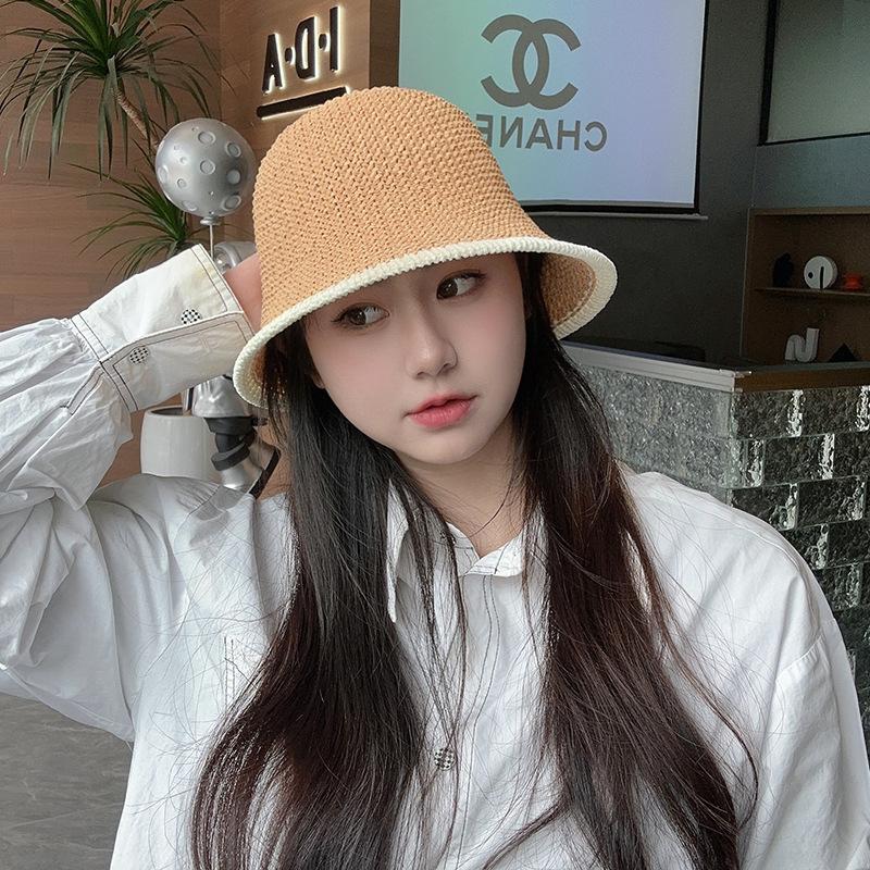Foldable bucket hat women ins sunshade sunscreen hat simple color matching milk silk woven bucket hat