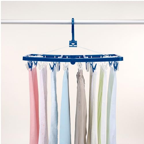 Towa Sangyo Laundry Drying Rack with LST Side Hooks, 32 Pinch Clothes Hangers, Blue, Anti-Tilt, Double Hooks, Large, Approx. 33cm Wide x 60cm Deep x 3