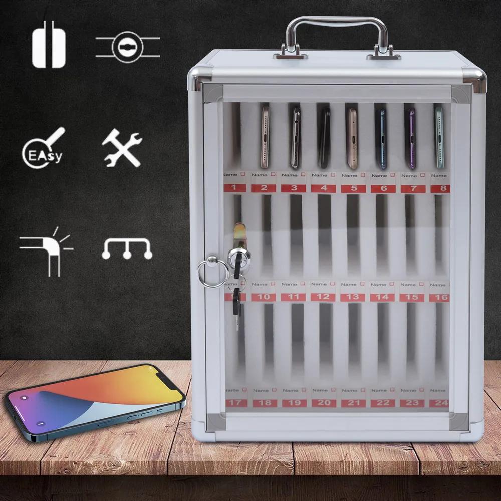 Bymaocar 24 Slots Aluminum Alloy Cell Phone with Lock 7 Carrying Handle Box Cell Phones Storage Cabinet Wall-mounted & Desktop