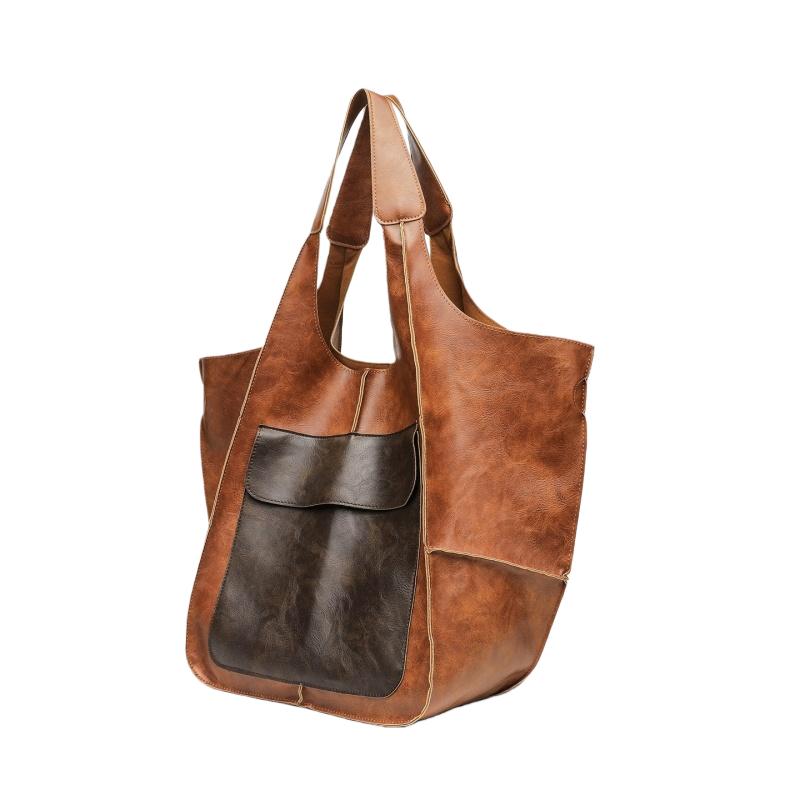 Retro Soft Leather Tote Bag Casual Patchwork Large Capacity Handbags Versatile Color Blocked Splicing Women's Underarm Bag