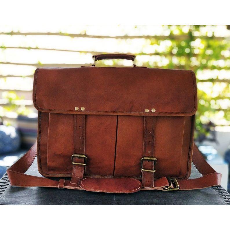 16" Leather Messenger Bag Laptop Case Office Briefcase Gift for Men Computer Distressed Shoulder Bag