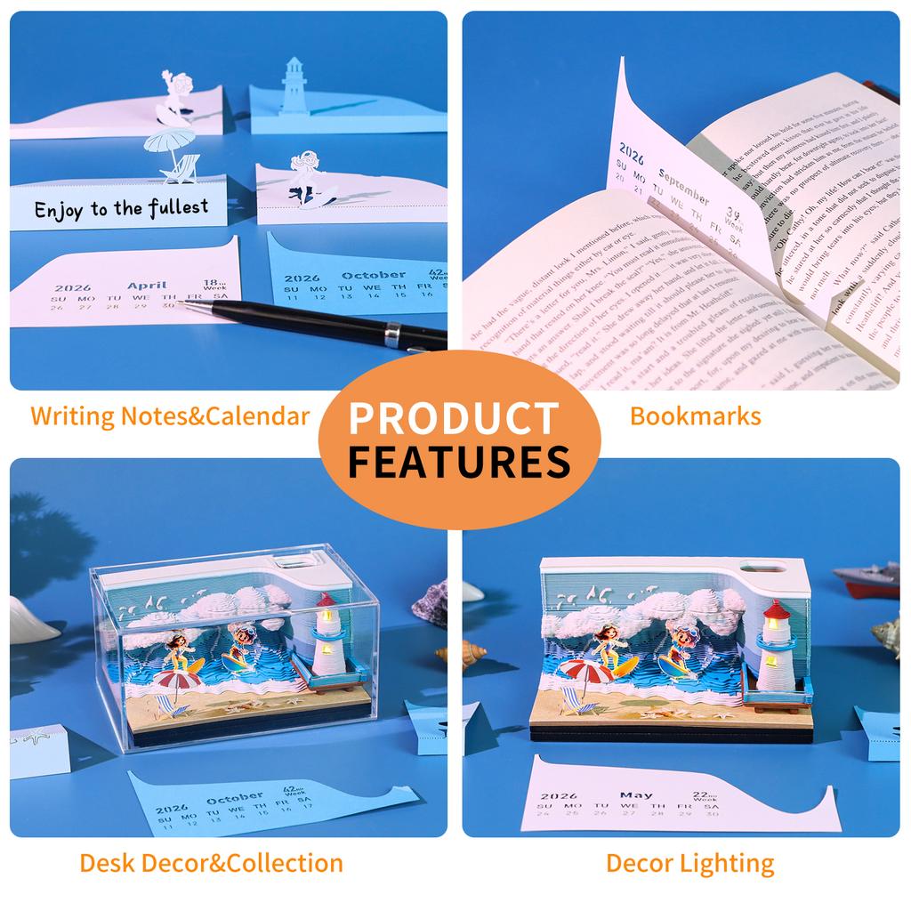 Surfing Theme 3D Tear Off Memo Pad Weekly Calendar Note Block the Great Wave 3D Art Memo Pad with Light and Pen Holder Hole