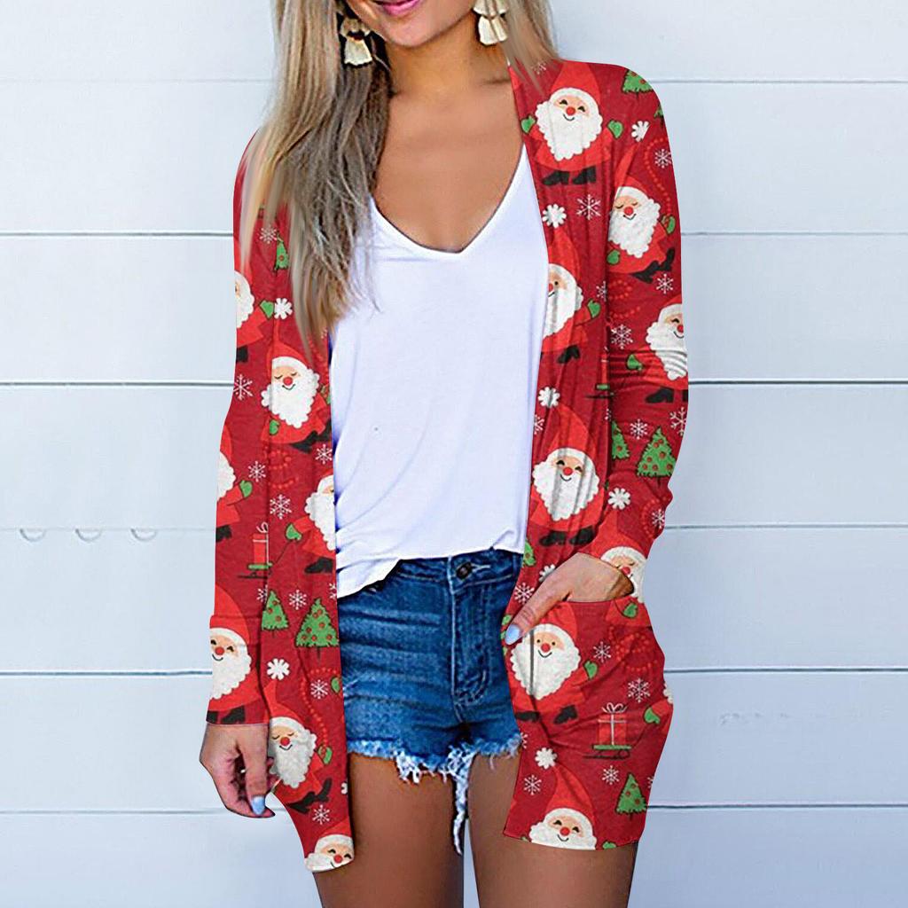 Женский модный повседневный кардиган средней длины с рождественским принтом, куртка, пальто с карманом