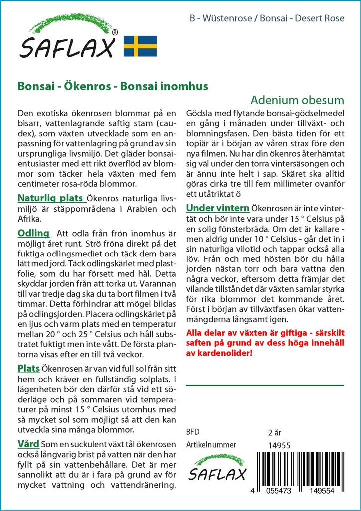 SAFLAX Garden in the Bag - Бонсай - Роза пустыни - 8 семян - С субстратом в подходящем пакете - Adenium obesum