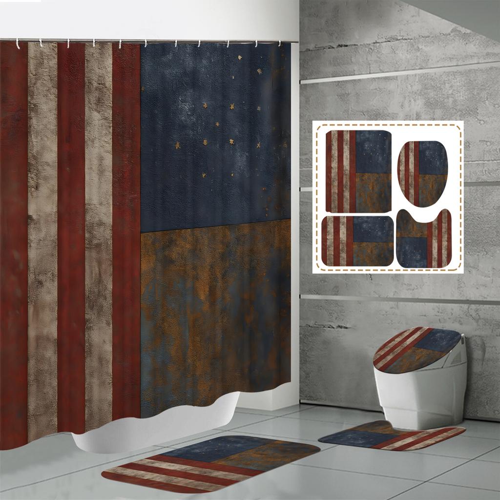 4PCS Shower Curtain Sets With Shower Curtain And Rugs Toilet Lid Rug U Shape Mat And Bath Mat Bathroom Set With 12 Hooks