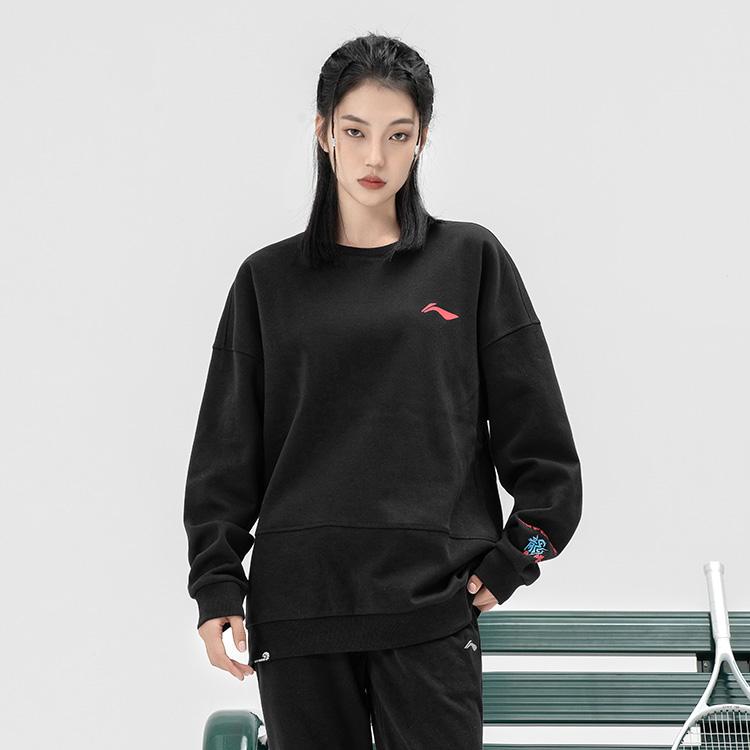 Li Ning Badminton Series Thunder Dragon Print Спортивный повседневный пуловер с круглым вырезом Толстовка мужская толстовка черная AWDSE89-1