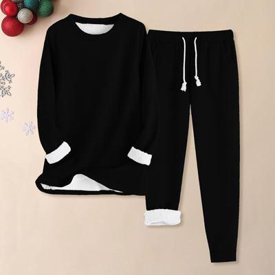 Одежда из двух предметов для женщин, теплый комплект для бега на флисовой подкладке, толстовки с круглым вырезом и длинными рукавами, спортивные штаны на талии с завязкой