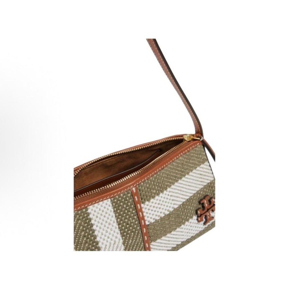 Tory Burch McGraw Полосатая сумка через плечо из ткани и кожи ручной работы Женская цвета слоновой кости и оливково-зеленого