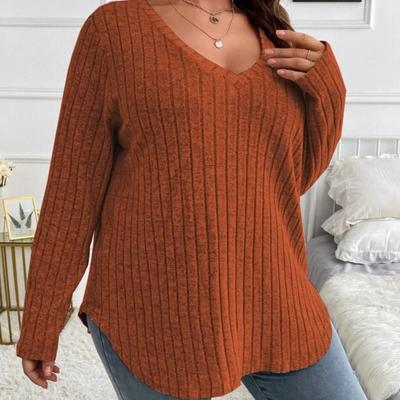 Осень-зима, однотонный женский топ большого размера с v-образным вырезом и длинными рукавами, трикотажная футболка в рубчик, свободная одежда