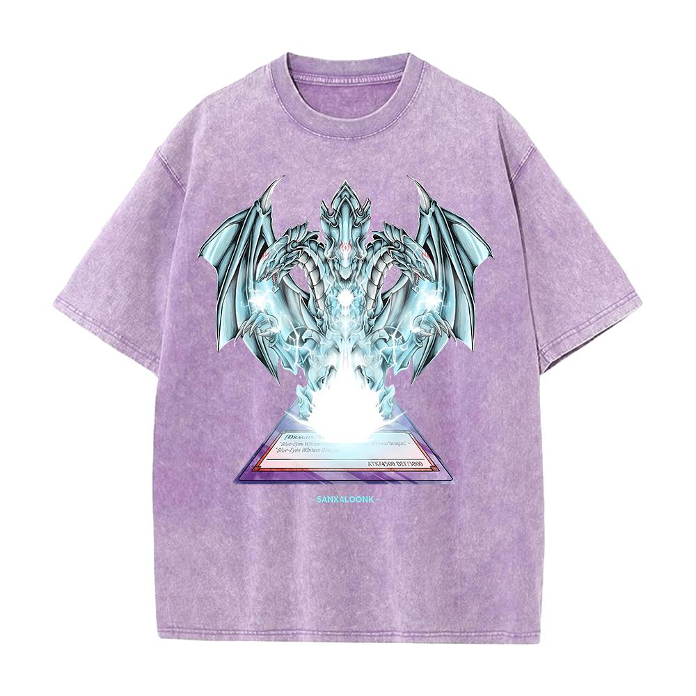Anime YuGiOh Tshirt BlueEyes White Dragon Washed Yk T Shirt Mens Clothing Summer Short Sleeve Loose Cotton Soft Tees Tops