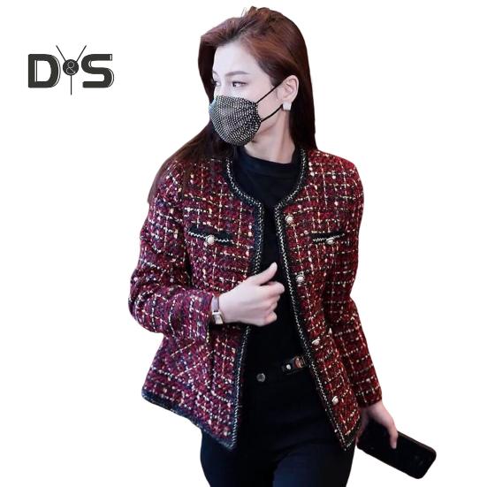 Женский твидовый пиджак с длинным рукавом, застегивающийся на пуговицы, укороченный блейзер с карманами, двубортное пальто в сетку для осени и зимы