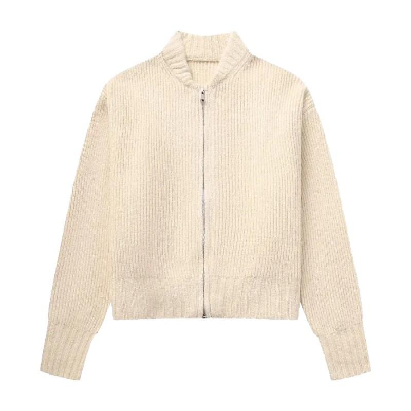 Womens Knit Zip-Up Cardigan Sweater Solid Color Round Neck Long Sleeve Casual Office Wear