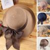 Ribbon Bowknot Decor Straw Hat Round Dome Solid Color Folding Women Big Brim Sunscreen Travel Hat Fashion Accessories