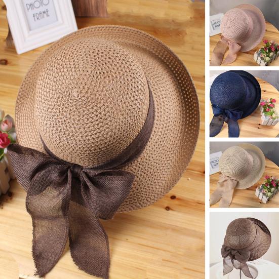 Ribbon Bowknot Decor Straw Hat Round Dome Solid Color Folding Women Big Brim Sunscreen Travel Hat Fashion Accessories