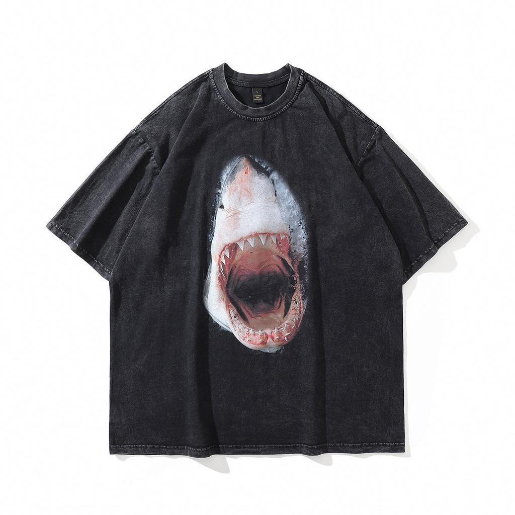 Personalized Great White Shark Print Creative 230G Wash Water Short Sleeve T-Shirt Tide Vintage Wash